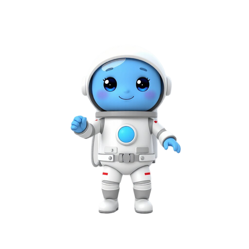 cute round head bleu skined astronaut with white space suit on, round bubble cask. 2 pairs of arms, three fingers hands, and 2 short legs. posesfor head, round blue skinned with dots marks and 2 bigs round marble like eyes. walking from left to right and 