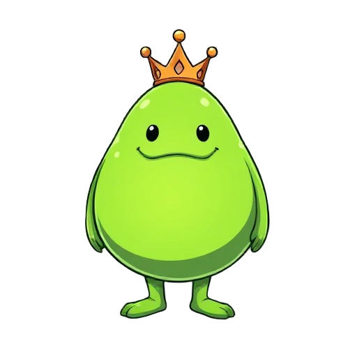 a large green round and slimy slime with a crown on its head, without arms or legs