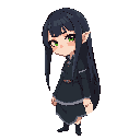 a young woman with a calm, graceful presence. she has long, straight black hair with a cool blue tint, reaching past her shoulders. her eyes are bright green and expressive, giving her a gentle but determined look. she wears a medieval-fantasy style outfi
