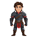 a tall young man with a strong, determined appearance. he has medium-length dark brown hair, slightly messy, and deep blue eyes with a focused, serious expression. his face shows maturity and resolve. he wears a dark medieval-fantasy outfit: black leather