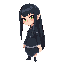 a young woman with a calm, graceful presence. she has long, straight black hair with a cool blue tint, reaching past her shoulders. her eyes are bright green and expressive, giving her a gentle but determined look. she wears a medieval-fantasy style outfi