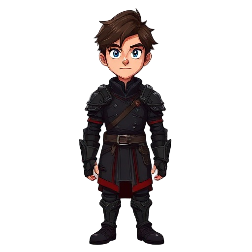 a tall young man with a strong, determined appearance. he has medium-length dark brown hair, slightly messy, and deep blue eyes with a focused, serious expression. his face shows maturity and resolve. he wears a dark medieval-fantasy outfit: black leather
