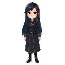 a young woman with a calm, graceful presence. she has long, straight black hair with a cool blue tint, reaching past her shoulders. her eyes are bright green and expressive, giving her a gentle but determined look. she wears a medieval-fantasy style outfi