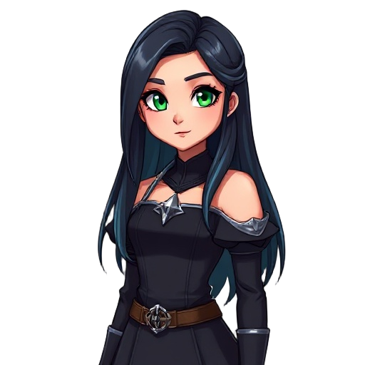 a young woman with a calm, graceful presence. she has long, straight black hair with a cool blue tint, reaching past her shoulders. her eyes are bright green and expressive, giving her a gentle but determined look. she wears a medieval-fantasy style outfi