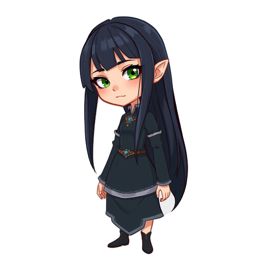 a young woman with a calm, graceful presence. she has long, straight black hair with a cool blue tint, reaching past her shoulders. her eyes are bright green and expressive, giving her a gentle but determined look. she wears a medieval-fantasy style outfi