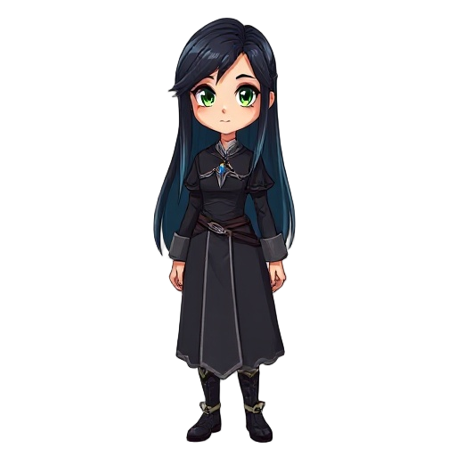 a young woman with a calm, graceful presence. she has long, straight black hair with a cool blue tint, reaching past her shoulders. her eyes are bright green and expressive, giving her a gentle but determined look. she wears a medieval-fantasy style outfi
