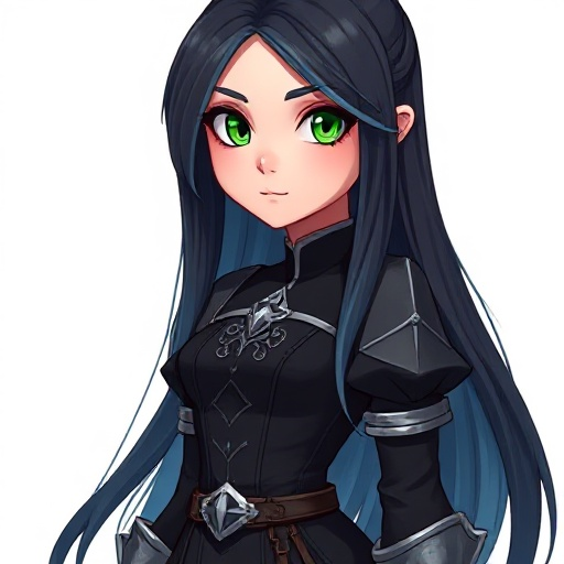 a young woman with a calm, graceful presence. she has long, straight black hair with a cool blue tint, reaching past her shoulders. her eyes are bright green and expressive, giving her a gentle but determined look. she wears a medieval-fantasy style outfi