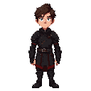 a tall young man with a strong, determined appearance. he has medium-length dark brown hair, slightly messy, and deep blue eyes with a focused, serious expression. his face shows maturity and resolve. he wears a dark medieval-fantasy outfit: black leather