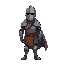 a knight with cloth under plate and leather straps as well as a side cut short cape