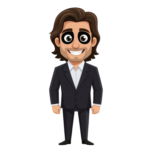 a man in a black suit with his face covered in dark shadows with his eyes only visible, he have medium length hair and stubbles, he also have a elongated smile
