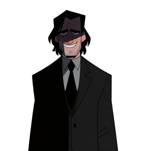 a man in a black suit with his face covered in dark shadows with his eyes only visible, he have medium length hair and stubbles, he also have a elongated smile