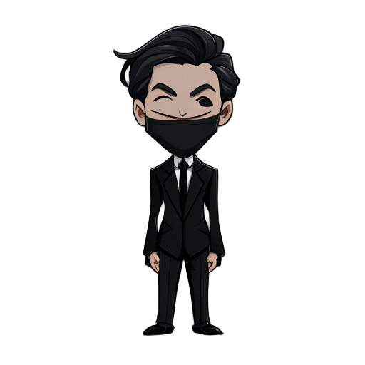 a man in a black suit with his face covered in dark shadows with his eyes only visible, he have medium length hair and stubbles, he also have a elongated smile