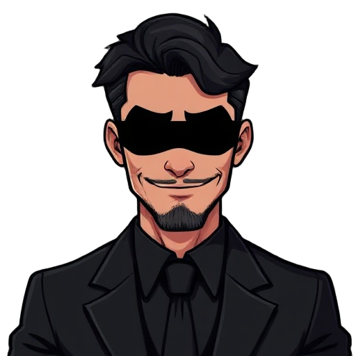 a man in a black suit with his face covered in dark shadows with his eyes only visible, he have medium length hair and stubbles, he also have a elongated smile