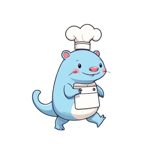 light-blue axolotl chef walking