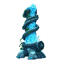 a spiraling tower of pulsating green circuits, wrapped around a core of frozen blue crystal emanating frost. at its base, a grinder pulverizes frozen rock to extract thermal energy and rare minerals.
