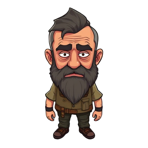 a middle-aged man, appearing to be around 50 years old, with a robust physique and a face marked by years of surviving in a post-apocalyptic world. his face is severe and tired, with deep wrinkles on his forehead and around his eyes, a result of sleepless