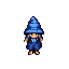 tiny chibi pixel wizard with a big blue hat and glowing yellow eyes