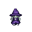 short 16-bit pixel wizard, chunky proportions, big hat, yellow eyes, simple shading