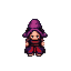 tiny chibi pixel wizard, 16-bit, big hat, glowing yellow eyes, simple palette, blocky pixels, front view