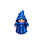 tiny pixel wizard, big blue hat, blue robe, glowing yellow eyes, square proportions
