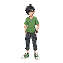 i want an anime inspired male for 2d side scroller in streetwear clothes can we add a chain  on the pants to the green one i liked keep the split hair facing the left