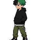 i want an anime inspired male for 2d side scroller in streetwear clothes can we add a chain  on the pants to the green one i liked keep the split hair facing the left