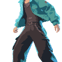 i want an anime inspired male for 2d side scroller in streetwear clothes can we add a chain  on the pants to the green one i liked keep the split hair facing the left. size. make it no pixels and looks super real