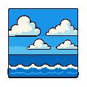 ocean and sky with straight horizon line with clouds background that look like sonic retro background 