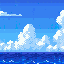 ocean and sky with straight horizon line with clouds background that look like sonic retro background, keep the style simple with flat blue sky with little clouds, and solid blue ocean with little reflection