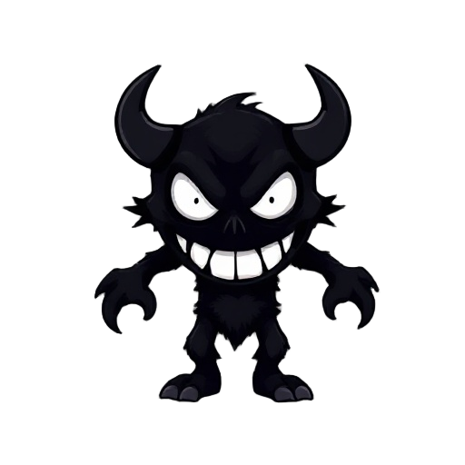 create a scary, all-black monster with a sinister smile and white eyes for my pixel top-down game.