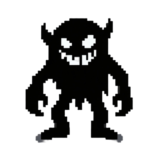 create a scary, all-black monster with a sinister smile and white eyes for my pixel top-down game.&nbsp;retro game horror style, pure menacing silhouette with shadow. maximum scary.