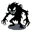 terrifying black shadow monster, fully black silhouette, jagged edges, long claws, hunched pose. glowing white evil eyes and wide sharp grin. dark pixel-art horror style, high contrast, minimal background, very frightening, hostile, nightmare creature. to