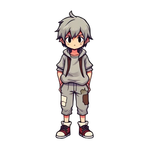 character inspired by the main protagonist of undertale. use a simple, retro 8-bit/16-bit style with soft shading. the character should have a humble and worn-out appearance: slightly oversized second-hand clothes, faded colors, patched fabric, and shoes 