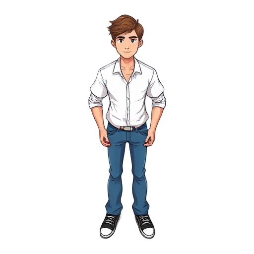 basic person male white shirt blue jeans brown hair