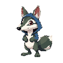 raposa branca com casaco azul com mangas amarelas com calça verdes e um chapeu de bruxo, faça ele fofo com a pose de ataque, faça ele de duas patas