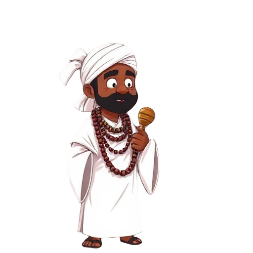 illustration of a brazilian “pai de santo” in a spiritual yard (terreiro). he wears traditional all-white clothing, white headwrap, and multiple ritual bead necklaces. he holds a maracá (ritual shaker) in one hand. soft mystic atmosphere, gentle incense s