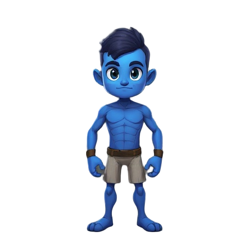 um personagen quadrado azul meio avermelhado com cara seria e braços e pernas sem torço