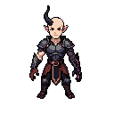 draw me a pale half human half demon character with armor style like the reference image but don't add a helmet to my character add one horn on the left side of his head, don't give him any weapon, human ears and give him a demon arm with black and purple