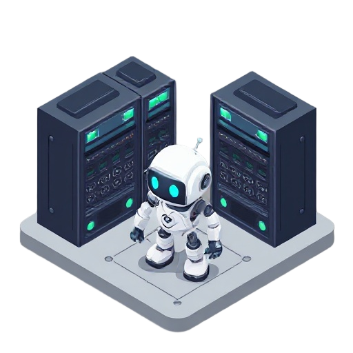 modern server racks with a robot maintaing the server racks