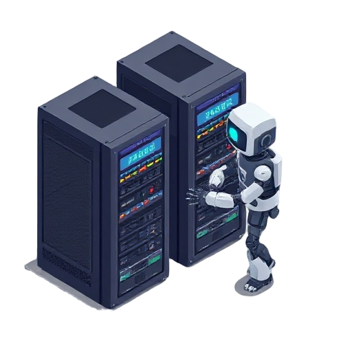 modern server racks with a robot maintaing the server racks 8 bit style