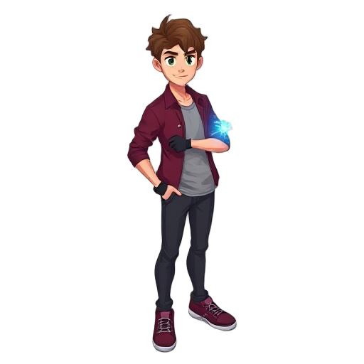 confident young adult with a sporty, casual look. he wears a burgundy shirt over a light gray t-shirt, dark pants, and dark-red sneakers. he has wavy brown hair, black gloves, and a glowing blue fragment on his forearm that suggests a special power.