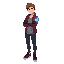 confident young adult with a sporty, casual look. he wears a burgundy shirt over a light gray t-shirt, dark pants, and dark-red sneakers. he has wavy brown hair, black gloves, and a glowing blue fragment on his arm that suggests a special power.