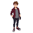 confident young adult with a sporty, casual look. he wears a burgundy shirt over a light gray t-shirt, dark pants, and dark-red sneakers. he has wavy brown hair, black gloves, and a glowing blue fragment on his forearm that suggests a special power.