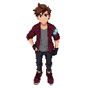 confident young adult with a sporty, casual look. he wears a burgundy shirt over a light gray t-shirt, dark pants, and dark-red sneakers. he has wavy brown hair, black gloves, and a glowing blue fragment on his arm that suggests a special power.