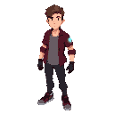 confident young adult with a sporty, casual look. he wears a burgundy shirt over a light gray t-shirt, dark pants, and dark-red sneakers. he has wavy brown hair, black gloves, and a glowing blue fragment on his arm that suggests a special power.