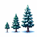 create 3 variations of the same tree in crisp pixel-art style, proportional to a 75–90px tall character.  1. small tree – around 70 to 100 pixels tall.  2. large tree – around 150 to 220 pixels tall.  3. large snow-covered tree – same size as the large tr