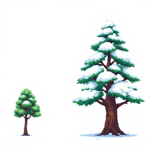 create 3 variations of the same tree in crisp pixel-art style, proportional to a 75–90px tall character.  1. small tree – around 70 to 100 pixels tall.  2. large tree – around 150 to 220 pixels tall.  3. large snow-covered tree – same size as the large tr