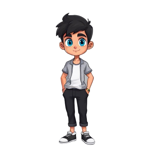 chico joven de ojos azules, pelo negro, con una camisa blanca y un pantalón negro