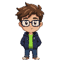 young man with messy brown hair and rectangular glasses. he has a neutral, slightly unimpressed expression. he wears a dark navy hoodie with pocket shading, a neon-green t-shirt underneath, dark blue pants, and beige sneakers. use clean pixel lines, bold 