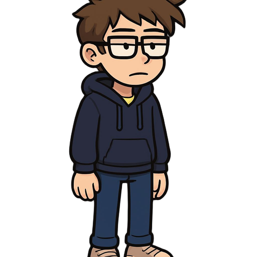 young man with messy brown hair and rectangular glasses. he has a neutral, slightly unimpressed expression. he wears a dark navy hoodie with pocket shading, a neon-green t-shirt underneath, dark blue pants, and beige sneakers. use clean pixel lines, bold 